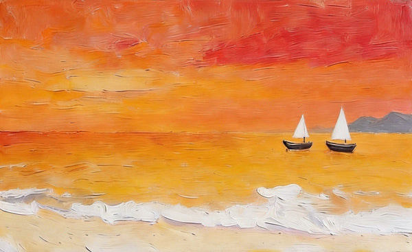 Small Canvas Wall Art Paintings, Original Seascape Paintings, Sailing into the Tangerine Dusk, Seashore Sunset Paintings, Hand Painted Canvas Art-ArtWorkCrafts.com