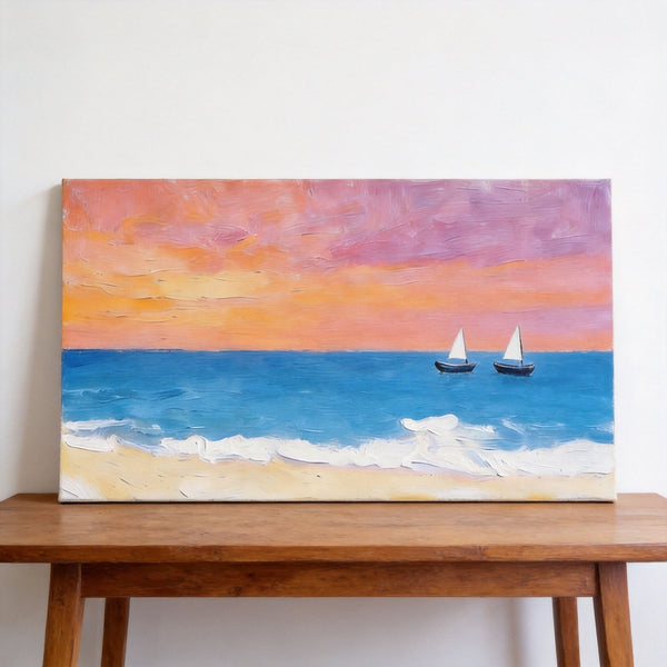 Sunset Paintings, Tranquil Blue Sea at Sunset, Original Seascape Paintings, Small Canvas Wall Art Paintings, Hand Painted Canvas Artwork-ArtWorkCrafts.com