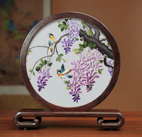 Flower and Birds Silk Embroidery Ornaments, Exclusive Business Presents, Creative Birthday Gift, Premium Souvenir, Traditional Chinese Suzhou Silk Embroidery-ArtWorkCrafts.com