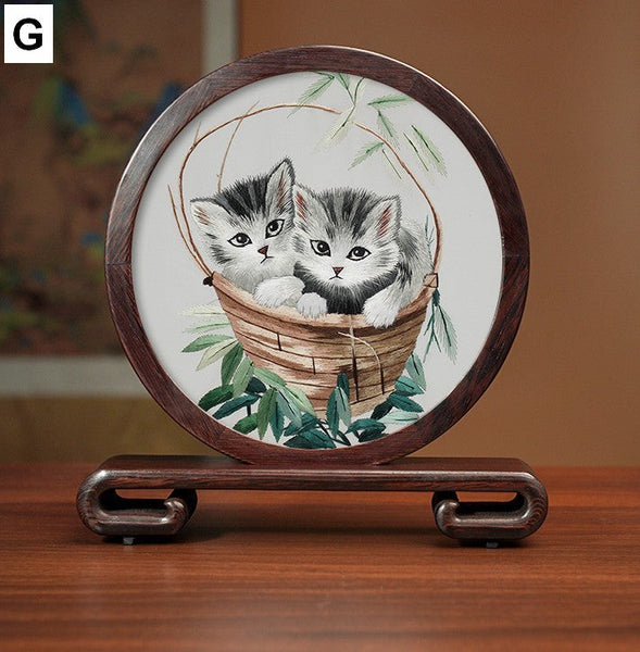 Unique Birthday Gift, Traditional Chinese Suzhou Kitten Embroidery Ornament, Lovely Kitty Cat Embroidered Decor, Premium Souvenir, Exclusive Business Present-ArtWorkCrafts.com