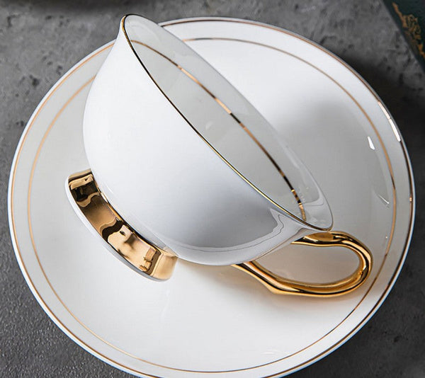 White Ceramic Cups, Elegant British Ceramic Coffee Cups, 7.8 oz Porcelain Tea Cup Saucer Set, Unique Tea Cup and Saucer in Gift Box-ArtWorkCrafts.com
