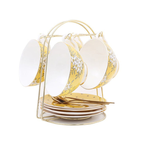 Creative Yellow Ceramic Coffee Cups, Unique Flower Coffee Cups and Saucers, Beautiful British Tea Cups, Creative Bone China Porcelain Tea Cup Set-ArtWorkCrafts.com