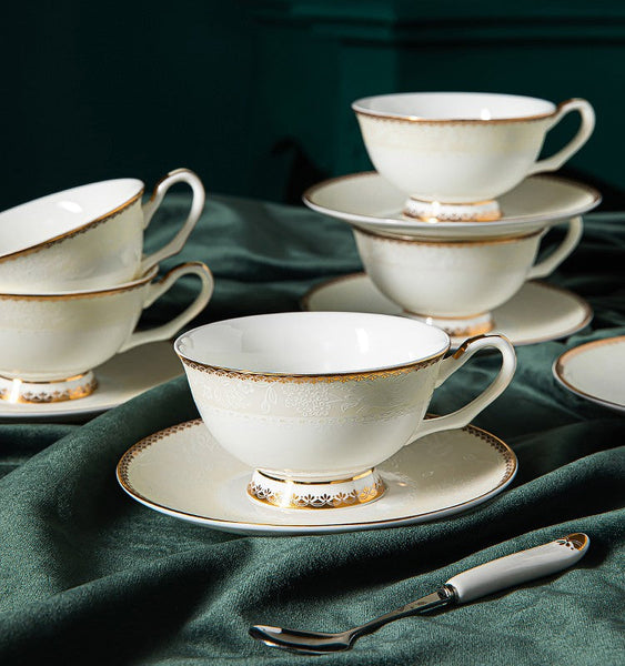 Porcelain Coffee Cup Set, White Ceramic Cups, 7.8 oz British Ceramic Coffee Cups, Unique Tea Cup and Saucer in Gift Box-ArtWorkCrafts.com