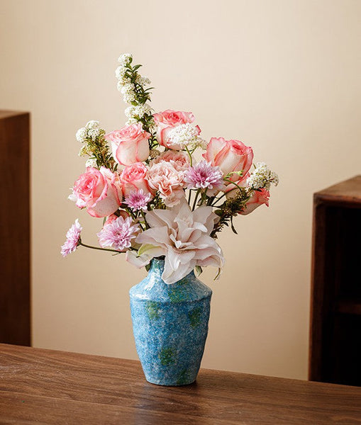 Pottery Flower Vases, Modern Bouquet Flower Vases, Centerpiece on Dining Table, Blue Flower Vase on Table, Handmade Water Holding Flower Vases-ArtWorkCrafts.com