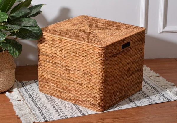 Square Storage Basket with Lid, Extra Large Storage Baskets for Clothes, Rattan Storage Basket for Shelves, Oversized Storage Baskets for Kitchen-ArtWorkCrafts.com