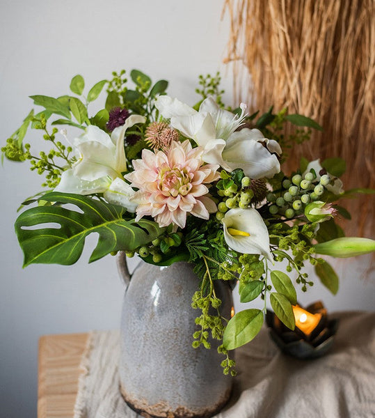 Calla Lily, Monstera Leaf, Globe Amaranth, Dahlia Flower, Botany Plants, Spring Flower Arrangement for Bedroom, Beautiful Modern Flower Arrangement Ideas for Home Decoration-ArtWorkCrafts.com