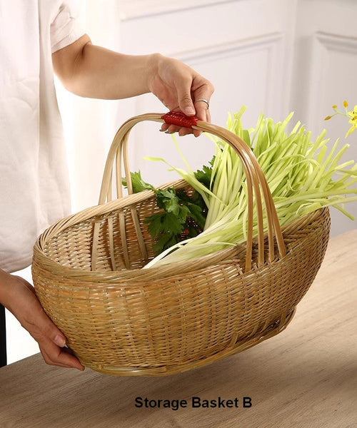 Natural Hand-woven Bamboo Basket, Extra Large Picnic Food Basket with Handle, Lovely Bamboo Baskets for Vegetable, Natural Fruit Basket Kitchen Storage Baskets-ArtWorkCrafts.com