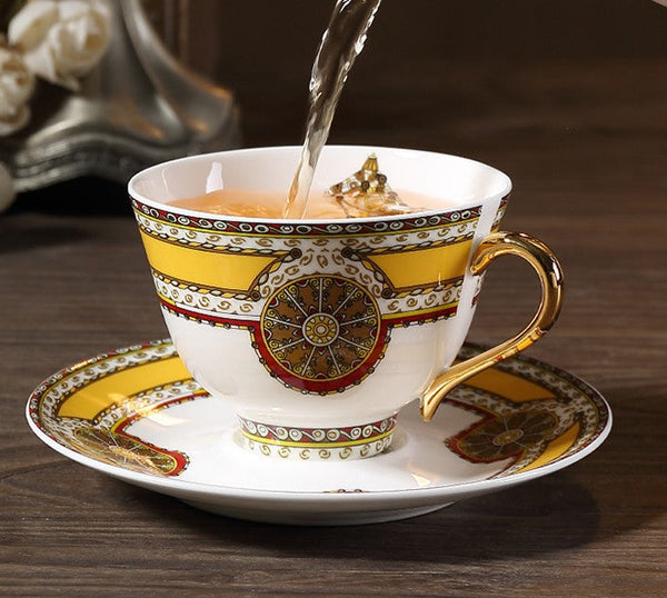 Handmade Beautiful British Tea Cups, Creative Bone China Porcelain Tea Cup Set, Yellow Royal Ceramic Coffee Cups, Unique Tea Cups and Saucers-ArtWorkCrafts.com