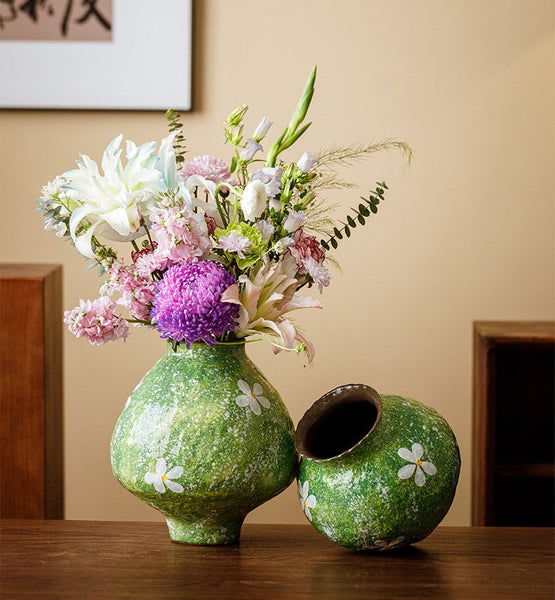 Centerpiece on Dining Table, Handmade Water Holding Flower Vases, Modern Pottery Flower Vases, Pottery Bud Vases, Large Green Flower Vases on Table-ArtWorkCrafts.com