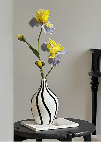 Water Holding Flower Vases, Black and White Striped Ceramic Vase, Porcelain Flower Vases, Modern Flower Vases on Table-ArtWorkCrafts.com