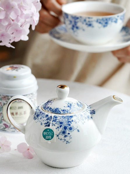 British Style Porcelain Teapot with Matching Cup and Saucer in Gift Box, Ceramic Tea Pot with Integrated Cup, Stackable Teapot and Cup Set, Mother-and-Baby Teapot with Matching Saucer-ArtWorkCrafts.com