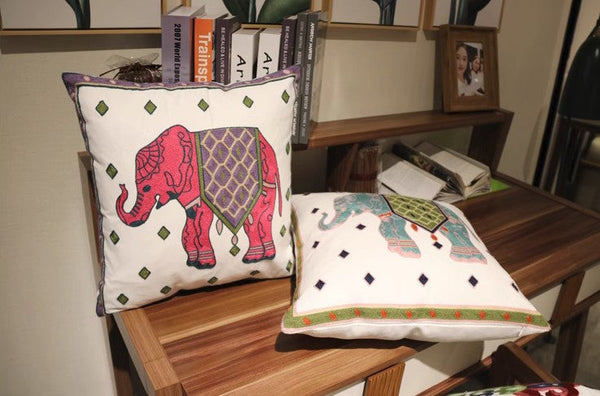 Cotton Decorative Pillows, Elephant Embroider Cotton Pillow Covers, Farmhouse Decorative Sofa Pillows, Decorative Throw Pillows for Couch-ArtWorkCrafts.com