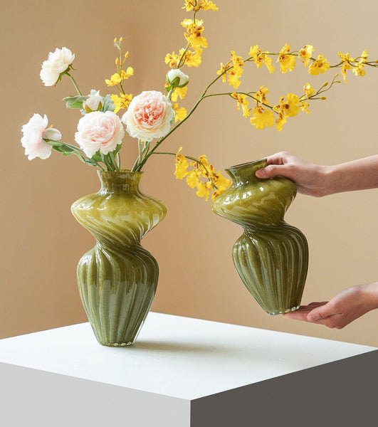 Unique Decorative Glass Vase, Centerpiece Vases on Table, Handmade Contemporary Glass Vases, Modern Green Vases for Living Room, Mid Century Vases for Flowers-ArtWorkCrafts.com