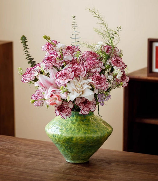 Centerpiece on Dining Table, Modern Pottery Flower Vases, Handmade Water Holding Flower Vases, Pottery Bud Vases, Large Green Flower Vases on Table-ArtWorkCrafts.com