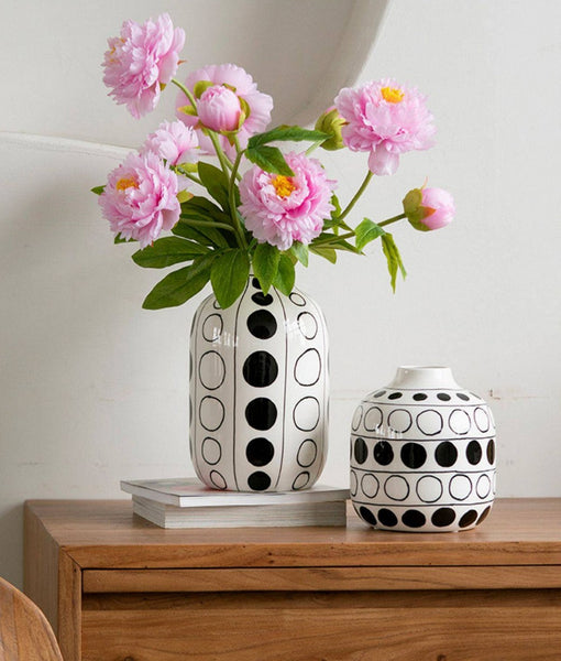 Small Flower Vases on Table, Ceramic Bud Vases, Black and White Polka Dot Flower Vase, Modern Porcelain Flower Vases, Handmade Water Holding Flower Vases-ArtWorkCrafts.com