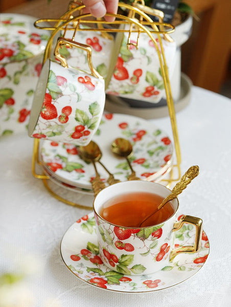 Strawberry Bone China Porcelain Tea Cup Set, Elegant Ceramic Coffee Cups, British Royal Ceramic Cups for Afternoon Tea, Unique Blue Tea Cup and Saucer in Gift Box-ArtWorkCrafts.com