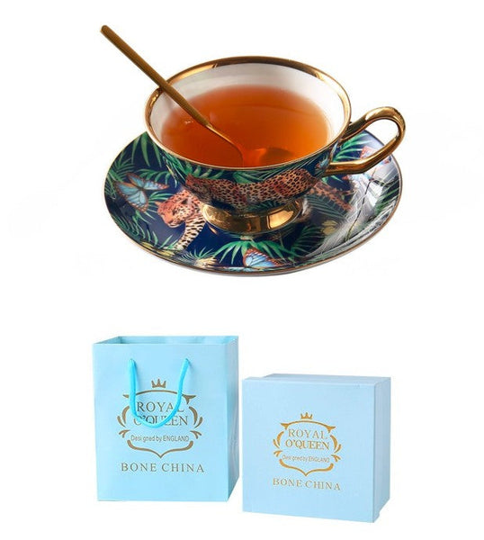 Creative Leopard Ceramic Coffee Cups, Unique Tea Cups and Saucers in Gift Box as Birthday Gift, Beautiful British Tea Cups, Creative Bone China Porcelain Tea Cup Set-ArtWorkCrafts.com