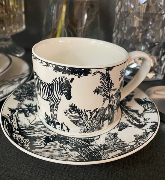 Unique Tea Cup and Saucer in Gift Box, Zebra Jungle Bone China Porcelain Tea Cup Set, Royal Ceramic Cups, Elegant Ceramic Coffee Cups-ArtWorkCrafts.com