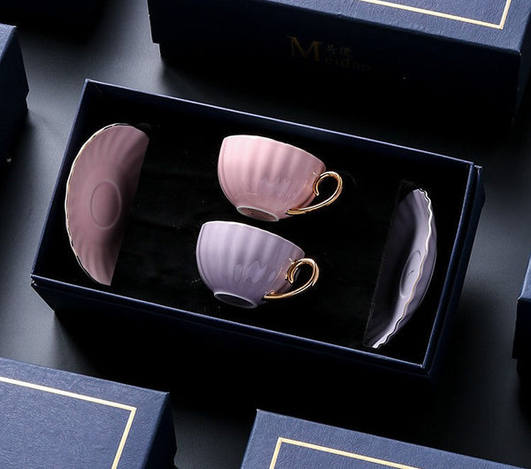 Elegant Macaroon Ceramic Coffee Cups, Beautiful British Tea Cups, Creative Porcelain Tea Cup Saucer Set of 2 Cups, 6.8 oz Tea Cup and Saucer in Gift Box as Birthday Gift-ArtWorkCrafts.com