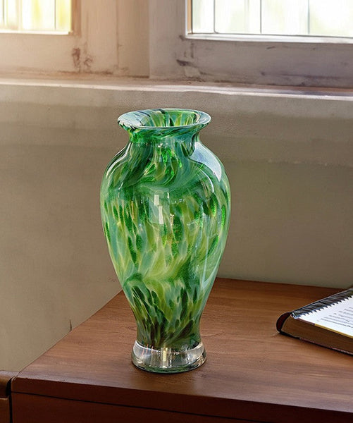 Large Green Glass Flower Vases, Modern Glass Flower Vases, Water Holding Flower Vases, Handmade Flower Vases on Table