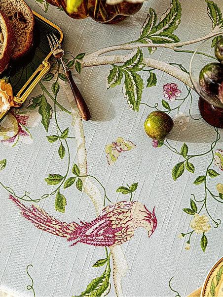 Singing Bird Tablecloth for Round Table, Kitchen Table Cover, Flower Table Cover for Dining Room Table, Modern Rectangle Tablecloth Ideas for Oval Table-ArtWorkCrafts.com