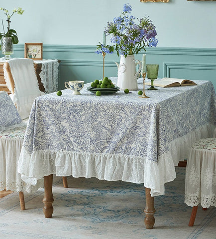 Cotton Rectangle Tablecloth for Dining Room Table, Natural Spring Farmhouse Table Cloth, Blue Flower Pattern Cotton Tablecloth, Square Tablecloth for Round Table-ArtWorkCrafts.com