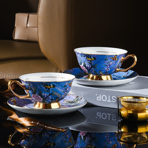 Blue Bird and Butterfly Porcelain Tea Cup Saucer Set, 7.4 oz British Tea Cup and Saucer in Gift Box, Elegant British Ceramic Coffee Cups-ArtWorkCrafts.com