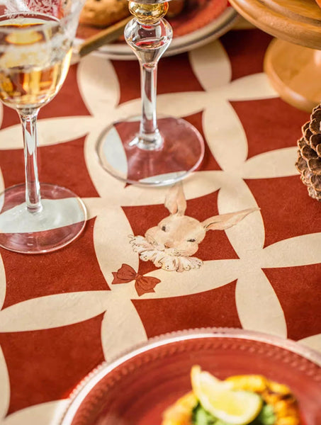 Holiday Red Tablecloth for Dining Table, Rabbit Pattern Table Cover for Dining Room Table, Modern Rectangle Tablecloth for Oval Table-ArtWorkCrafts.com