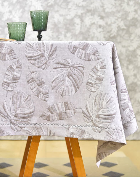 Monstera Leaf Modern Table Cloths for Kitchen, Simple Contemporary Grey Cotton Tablecloth, Large Rectangle Table Covers for Dining Room Table, Square Tablecloth for Round Table-ArtWorkCrafts.com