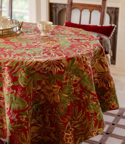 Large Modern Rectangle Tablecloth for Dining Table, Flower Pattern Red Table Covers for Round Table, Farmhouse Table Cloth for Oval Table-ArtWorkCrafts.com