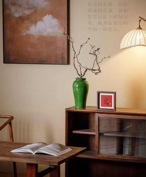 Handmade Water Holding Flower Vase, Centerpiece Ceramic Bud Vases, Green Porcelain Flower Vases, Vintage Flower Vases on Table-ArtWorkCrafts.com