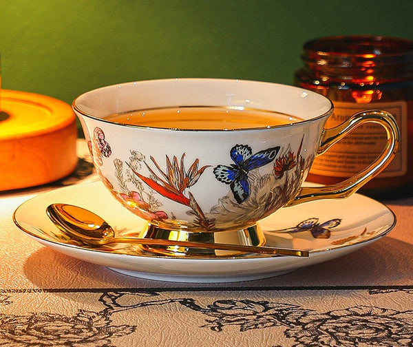 Ceramic Coffee Cups in Gift Box, Butterfly Pattern Porcelain Tea Cup and Saucer Set, British Afternoon Tea Cup and Saucer Set-ArtWorkCrafts.com