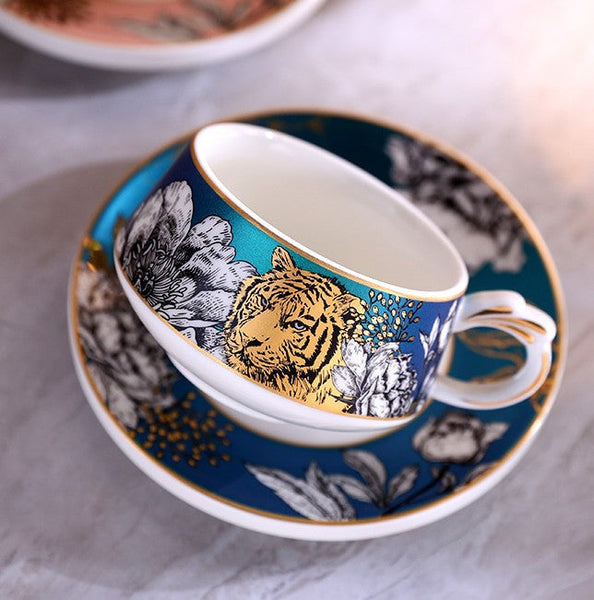 Handmade Ceramic Cups with Gold Trim and Gift Box, Jungle Tiger Cheetah Porcelain Coffee Cups, Creative Ceramic Tea Cups and Saucers-ArtWorkCrafts.com