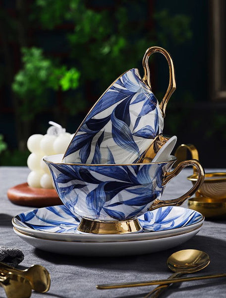 Unique British Tea Cup and Saucer in Gift Box, Blue Porcelain Tea Cup Saucer Set, 7.4 oz British Ceramic Coffee Cups-ArtWorkCrafts.com