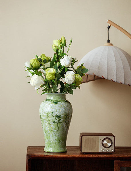 Large Flower Vases on Table, Green Porcelain Flower Vases, Centerpiece Ceramic Bud Vases, Handmade Water Holding Flower Vase-ArtWorkCrafts.com