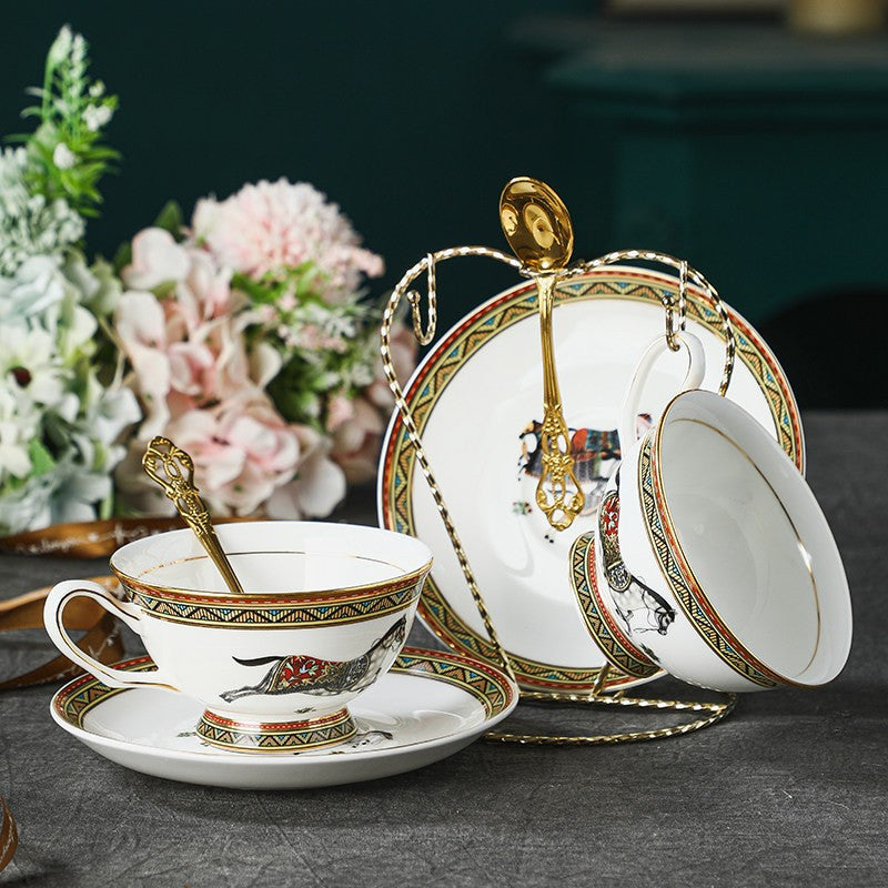 Elegant Porcelain Tea Cup And Saucer Set With British Horse Pattern Fine Ceramic Coffee Cup Design