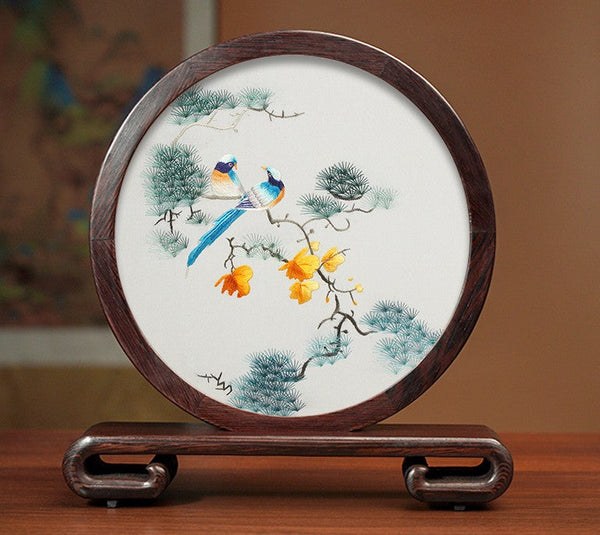 Flower and Bird Embroidery Ornaments, Unique Birthday Gift, Traditional Chinese Suzhou Silk Embroidered Ornament, Premium Souvenir, Exclusive Business Presents-ArtWorkCrafts.com