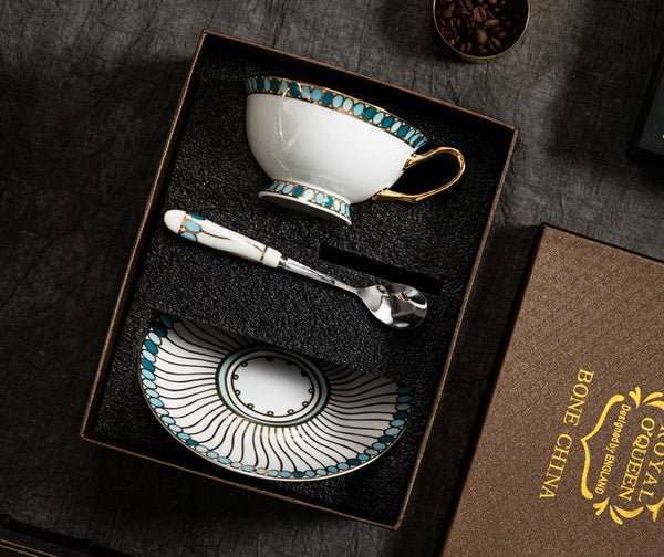 Unique Tea Cup and Saucer in Gift Box, Elegant British Ceramic Coffee Cups, Bone China Porcelain Tea Cup Set for Office, Green Ceramic Cups-ArtWorkCrafts.com