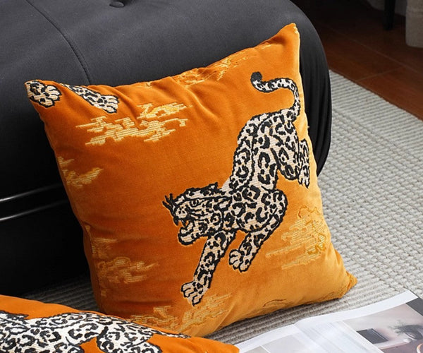 Contemporary Modern Sofa Pillows, Yellow Embroidery Tiger Pattern Pillows for Couch, Decorative Throw Pillows for Bedroom, Large Modern Sofa Pillow for Living Room