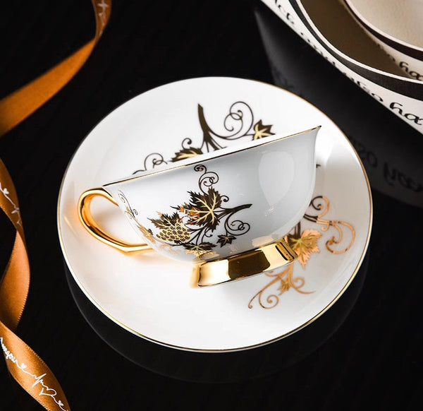 Elegant British Ceramic Coffee Cups, Golden Leaves and Grapes Bone China Porcelain Tea Cup Set, Unique British Tea Cup and Saucer in Gift Box-ArtWorkCrafts.com