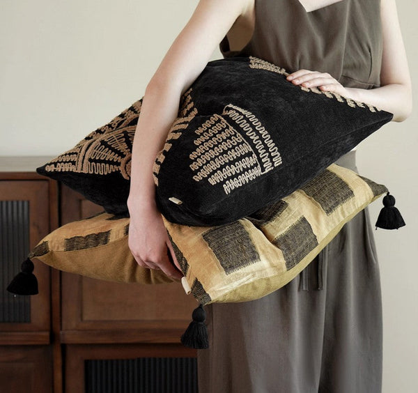 Geometric Modern Sofa Pillows, Large Square Decorative Throw Pillows for Couch, Large Black Decorative Throw Pillows, Black Geometric Sofa Pillows for Interior Design-ArtWorkCrafts.com