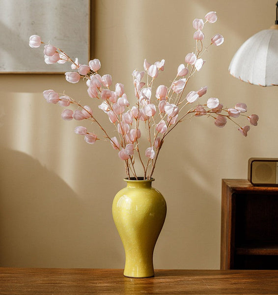 Porcelain Flower Vases, Handmade Water Holding Flower Vase, Yellow Flower Vases on Table, Ceramic Bud Vases-ArtWorkCrafts.com