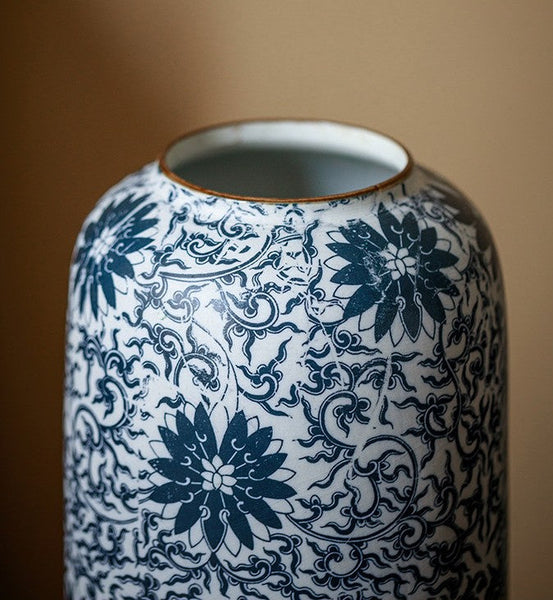 Centerpiece on Dining Table, Large Blue Flower Vase on Table, Vintage Bouquet Flower Vases, Handmade Porcelain Flower Vases Urn, Water Holding Flower Vases-ArtWorkCrafts.com