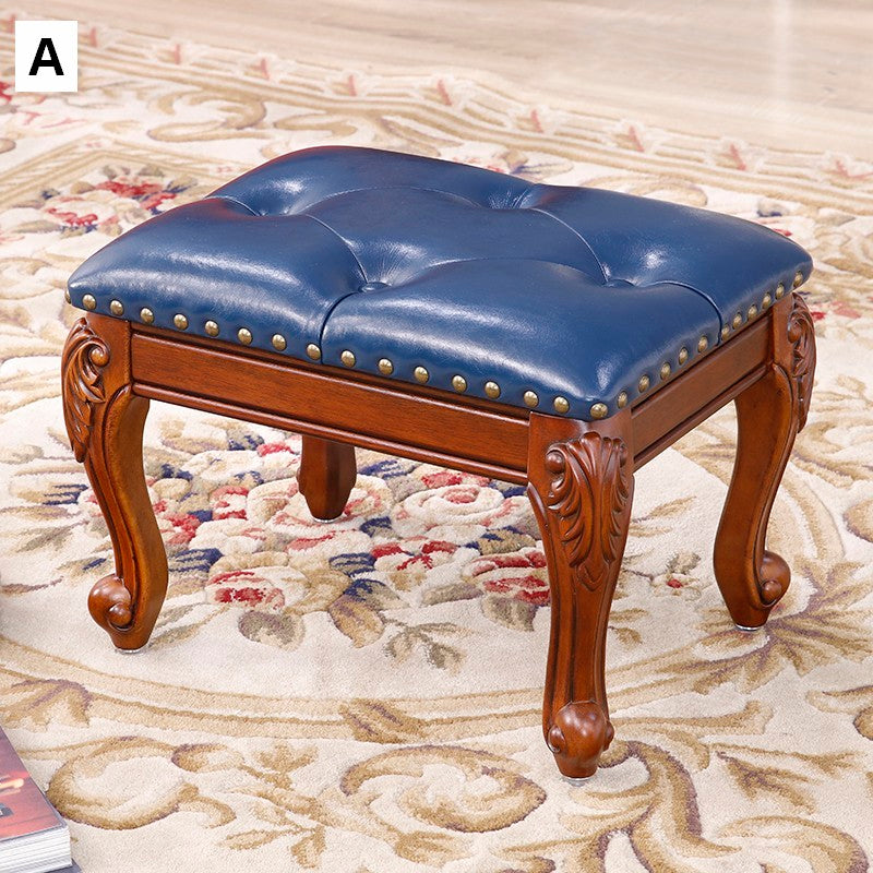 Vanity Stool, Genuine Leather Solid Wood Entry Bench, Solid Wood Ottoman, Rubberwood Entry Bench, Vintage Entry Stool-ArtWorkCrafts.com
