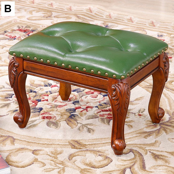 Vanity Stool, Genuine Leather Solid Wood Entry Bench, Solid Wood Ottoman, Rubberwood Entry Bench, Vintage Entry Stool-ArtWorkCrafts.com