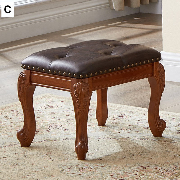 Vanity Stool, Genuine Leather Solid Wood Entry Bench, Solid Wood Ottoman, Rubberwood Entry Bench, Vintage Entry Stool-ArtWorkCrafts.com
