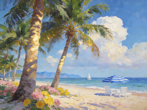 Small Landscape Paintings, Sunlit Tropical Shore, Flowers, Lounge Chairs and Calm Seas, On Canvas Small Paintings, Original Wall Art Paintings, Original Artwork Small Paintings, Impasto Artwork, Small Wall Paintings-ArtWorkCrafts.com