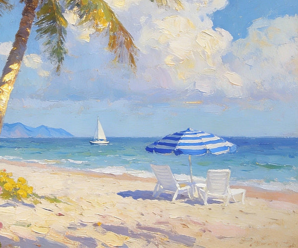 Small Landscape Paintings, Sunlit Tropical Shore, Flowers, Lounge Chairs and Calm Seas, On Canvas Small Paintings, Original Wall Art Paintings, Original Artwork Small Paintings, Impasto Artwork, Small Wall Paintings-ArtWorkCrafts.com