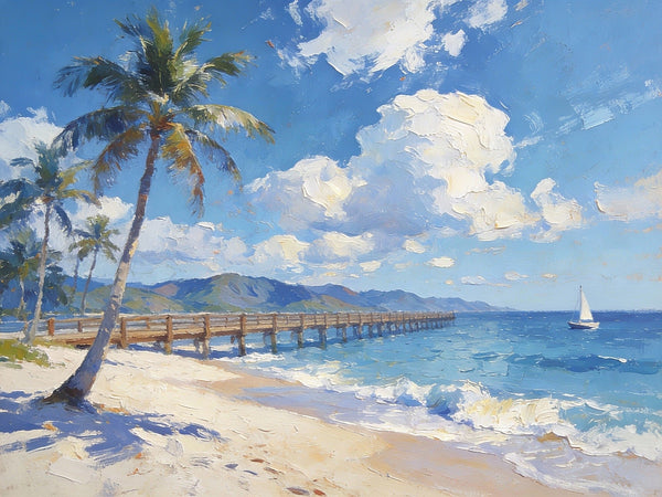 Small Oil Paintings on Canvas, A Sunny Florida Beach, Small Wall Paintings, Landscape Canvas Paintings, Hand Painted Artwork, Original Oil Paintings-ArtWorkCrafts.com