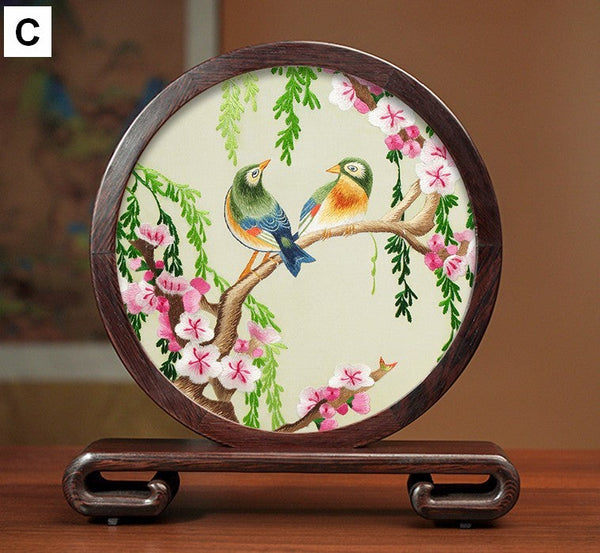 Premium Souvenir, Creative Birthday Gift, Elegant Silk Embroidery Ornaments, Traditional Chinese Suzhou Flower and Birds Silk Embroidery, Exclusive Business Presents-ArtWorkCrafts.com